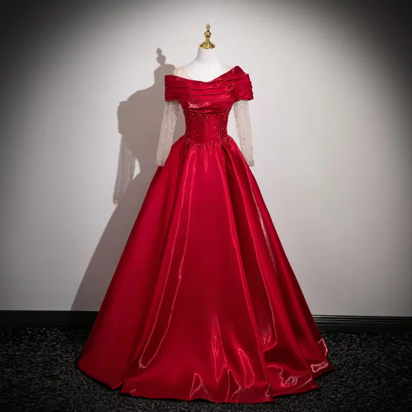 Elegant Burgundy Beading Sequins Satin Prom Dresses 2025 Ball Gown Off-The-Shoulder Long Sleeve Backless Floor-Length / Long Formal Dresses