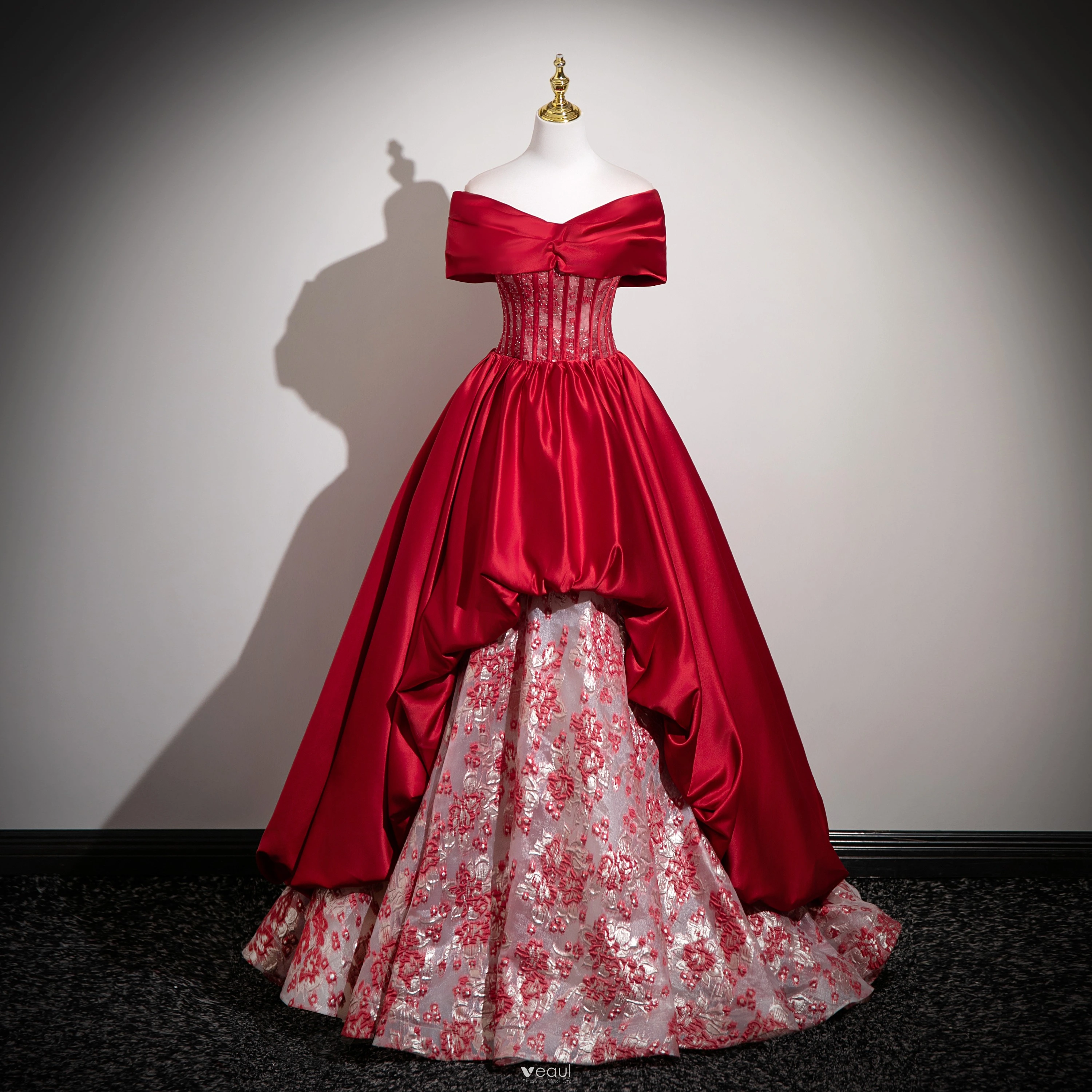 Vintage Retro Burgundy Printing Glitter Corset Prom Dresses 2025 Ball Gown  Off The Shoulder Short Sleeve Backless Floor Length Long Formal Dresses
