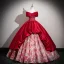 Vintage / Retro Burgundy Printing Glitter Corset Prom Dresses 2025 Ball Gown Off-The-Shoulder Short Sleeve Backless Floor-Length / Long Formal Dresses