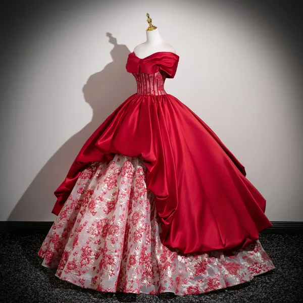 Vintage / Retro Burgundy Printing Glitter Corset Prom Dresses 2025 Ball Gown Off-The-Shoulder Short Sleeve Backless Floor-Length / Long Formal Dresses