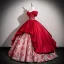 Vintage / Retro Burgundy Printing Glitter Corset Prom Dresses 2025 Ball Gown Off-The-Shoulder Short Sleeve Backless Floor-Length / Long Formal Dresses