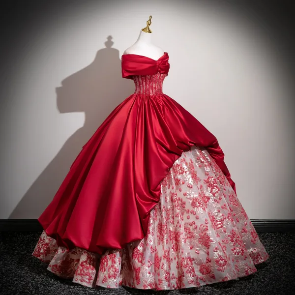 Vintage / Retro Burgundy Printing Glitter Corset Prom Dresses 2025 Ball Gown Off-The-Shoulder Short Sleeve Backless Floor-Length / Long Formal Dresses