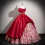Vintage / Retro Burgundy Printing Glitter Corset Prom Dresses 2025 Ball Gown Off-The-Shoulder Short Sleeve Backless Floor-Length / Long Formal Dresses