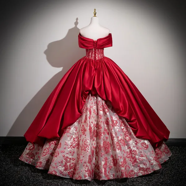 Vintage / Retro Burgundy Printing Glitter Corset Prom Dresses 2025 Ball Gown Off-The-Shoulder Short Sleeve Backless Floor-Length / Long Formal Dresses