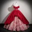 Vintage / Retro Burgundy Printing Glitter Corset Prom Dresses 2025 Ball Gown Off-The-Shoulder Short Sleeve Backless Floor-Length / Long Formal Dresses