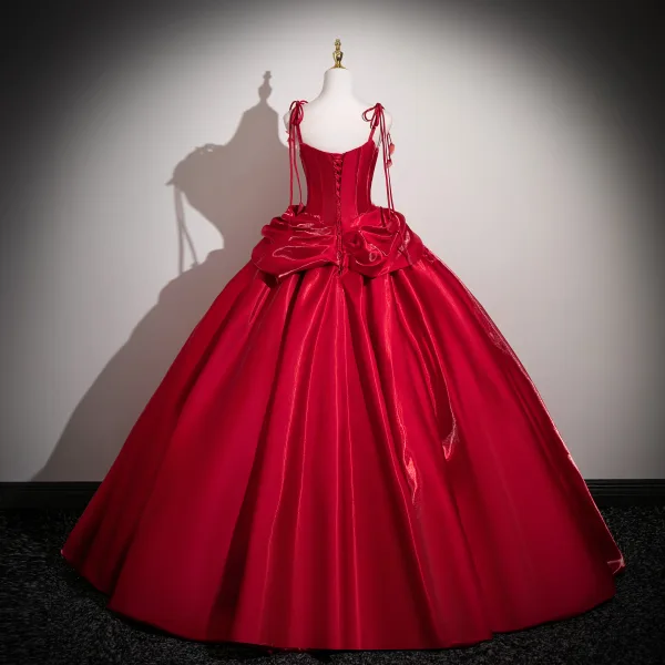 Vintage / Retro Red Appliques Satin Prom Dresses 2025 Spaghetti Straps Sleeveless Backless Floor-Length / Long Formal Dresses
