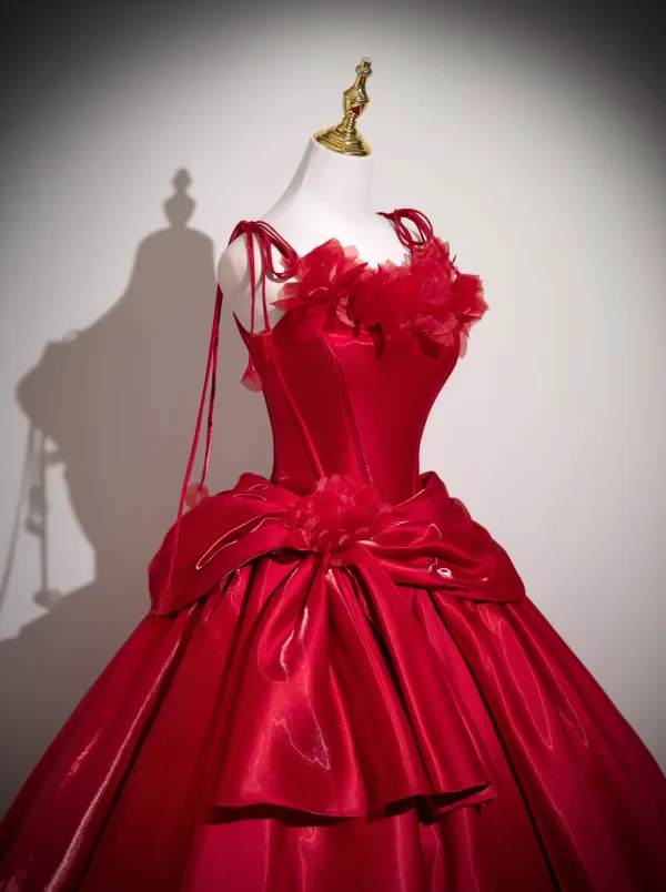 Vintage / Retro Red Appliques Satin Prom Dresses 2025 Spaghetti Straps Sleeveless Backless Floor-Length / Long Formal Dresses