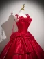 Vintage / Retro Red Appliques Satin Prom Dresses 2025 Spaghetti Straps Sleeveless Backless Floor-Length / Long Formal Dresses