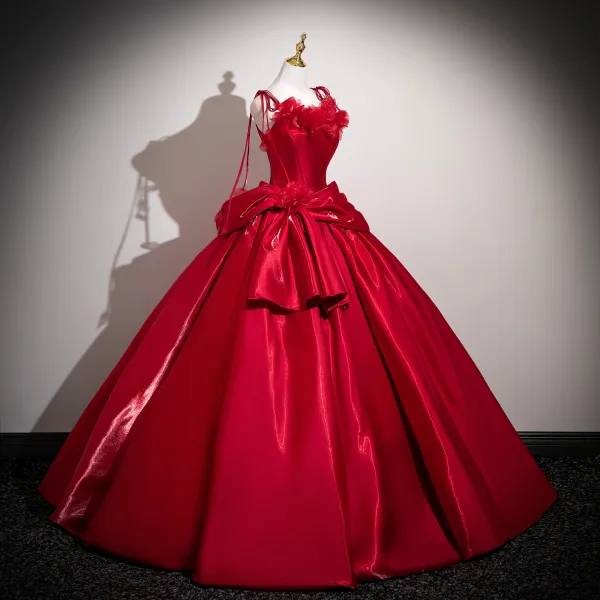 Vintage / Retro Red Appliques Satin Prom Dresses 2025 Spaghetti Straps Sleeveless Backless Floor-Length / Long Formal Dresses
