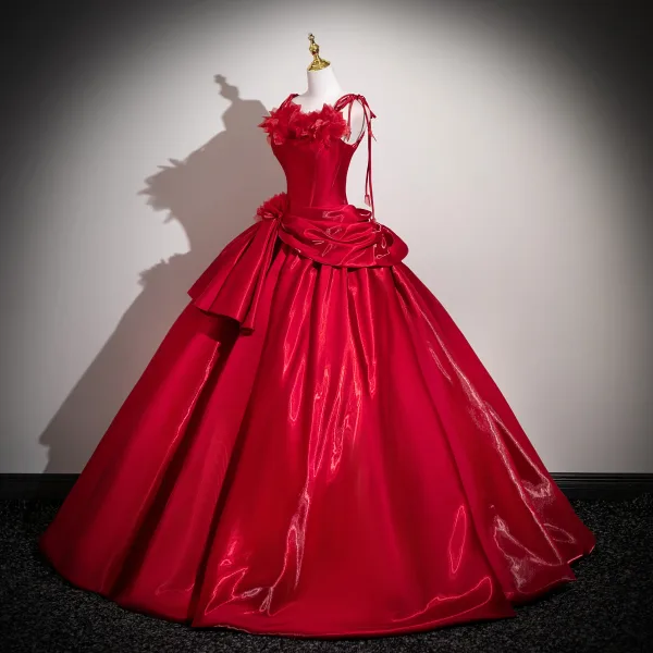 Vintage / Retro Red Appliques Satin Prom Dresses 2025 Spaghetti Straps Sleeveless Backless Floor-Length / Long Formal Dresses