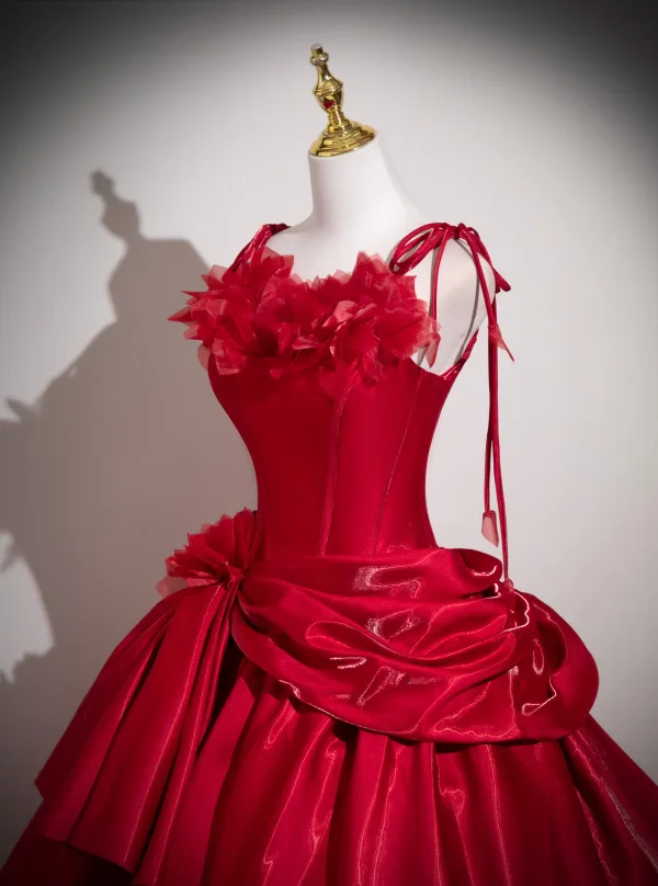 Vintage / Retro Red Appliques Satin Prom Dresses 2025 Spaghetti Straps Sleeveless Backless Floor-Length / Long Formal Dresses
