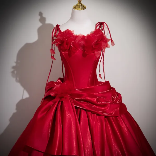 Vintage / Retro Red Appliques Satin Prom Dresses 2025 Spaghetti Straps Sleeveless Backless Floor-Length / Long Formal Dresses