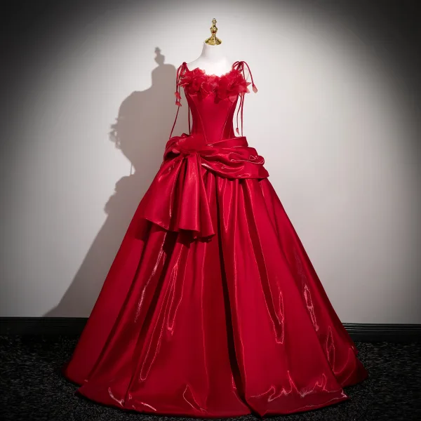 Vintage / Retro Red Appliques Satin Prom Dresses 2025 Spaghetti Straps Sleeveless Backless Floor-Length / Long Formal Dresses