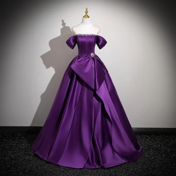 Vintage / Retro Purple Rhinestone Prom Dresses 2025 Ball Gown Off-The-Shoulder Short Sleeve Backless Floor-Length / Long Formal Dresses