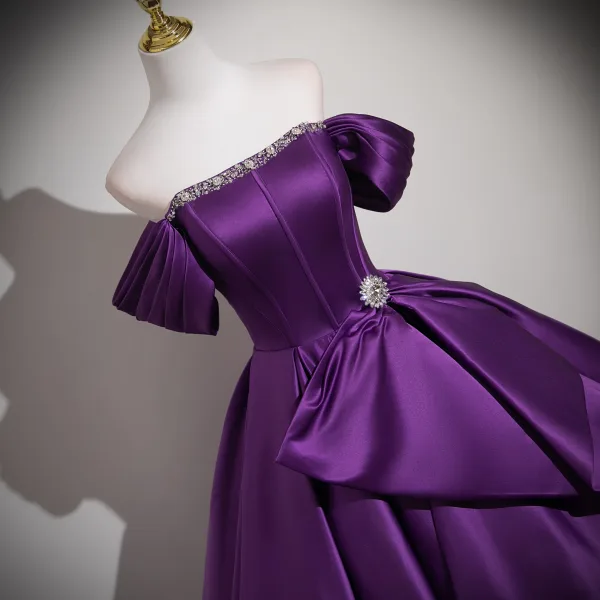 Vintage / Retro Purple Rhinestone Prom Dresses 2025 Ball Gown Off-The-Shoulder Short Sleeve Backless Floor-Length / Long Formal Dresses
