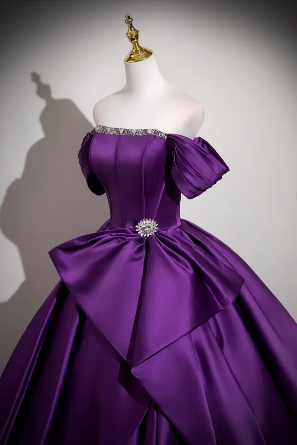 Vintage / Retro Purple Rhinestone Prom Dresses 2025 Ball Gown Off-The-Shoulder Short Sleeve Backless Floor-Length / Long Formal Dresses