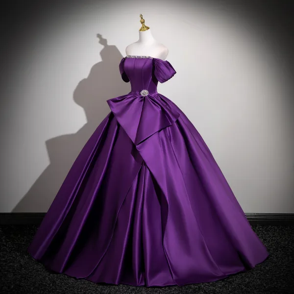 Vintage / Retro Purple Rhinestone Prom Dresses 2025 Ball Gown Off-The-Shoulder Short Sleeve Backless Floor-Length / Long Formal Dresses