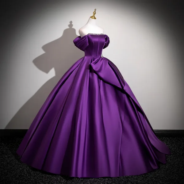 Vintage / Retro Purple Rhinestone Prom Dresses 2025 Ball Gown Off-The-Shoulder Short Sleeve Backless Floor-Length / Long Formal Dresses