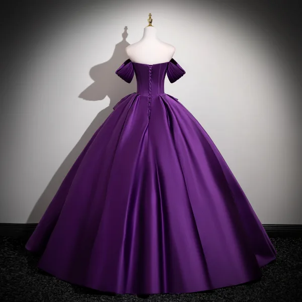 Vintage / Retro Purple Rhinestone Prom Dresses 2025 Ball Gown Off-The-Shoulder Short Sleeve Backless Floor-Length / Long Formal Dresses