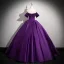 Vintage / Retro Purple Rhinestone Prom Dresses 2025 Ball Gown Off-The-Shoulder Short Sleeve Backless Floor-Length / Long Formal Dresses