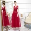 Chic / Belle Rouge Robe De Soirée 2020 Princesse V-Cou Sans Manches Appliques En Dentelle Fleur Perlage Perle Longueur Cheville Volants Dos Nu Robe De Ceremonie