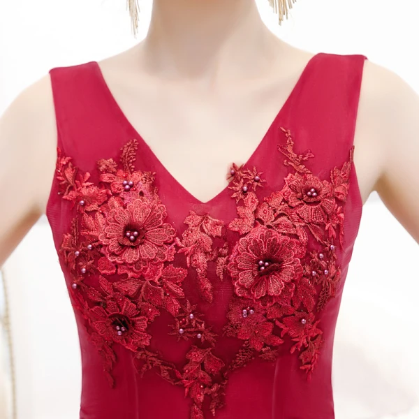 Chic / Belle Rouge Robe De Soirée 2020 Princesse V-Cou Sans Manches Appliques En Dentelle Fleur Perlage Perle Longueur Cheville Volants Dos Nu Robe De Ceremonie