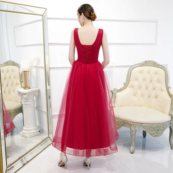 Chic / Belle Rouge Robe De Soirée 2020 Princesse V-Cou Sans Manches Appliques En Dentelle Fleur Perlage Perle Longueur Cheville Volants Dos Nu Robe De Ceremonie