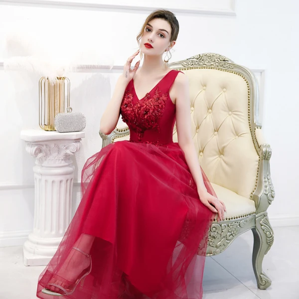 Chic / Belle Rouge Robe De Soirée 2020 Princesse V-Cou Sans Manches Appliques En Dentelle Fleur Perlage Perle Longueur Cheville Volants Dos Nu Robe De Ceremonie