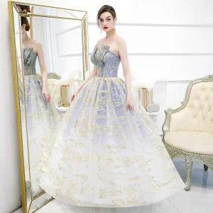 Élégant Océan Bleu Dégradé De Couleur Blanche Robe De Bal 2020 Robe Boule Bustier Sans Manches Glitter Tulle Longue Volants Dos Nu Robe De Ceremonie