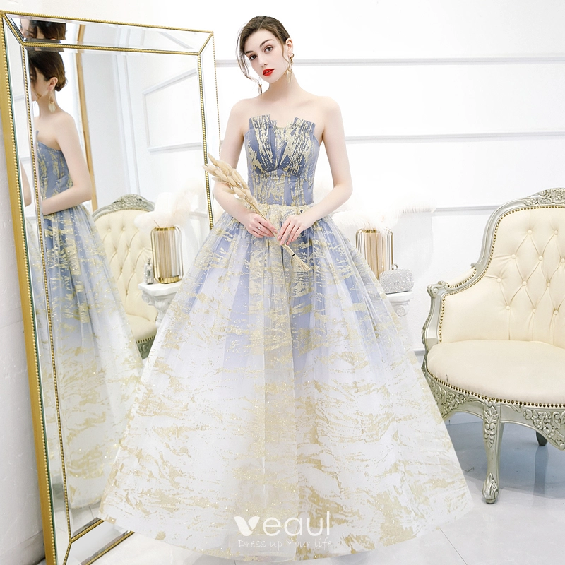 white and gold prom dresses strapless Strapless Long Sequin Prom Dress with Side Slit– PromGirl main image 1