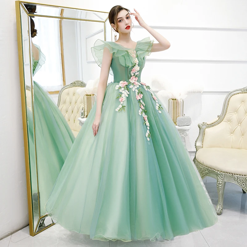 Flower Fairy Mint Green Prom Dresses 2020 Ball Gown V-Neck Sleeveless Appliques Flower