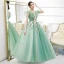 Flower Fairy Mint Green Prom Dresses 2020 Ball Gown V-Neck Sleeveless Appliques Flower Beading Pearl Floor-Length / Long Ruffle Backless Formal Dresses