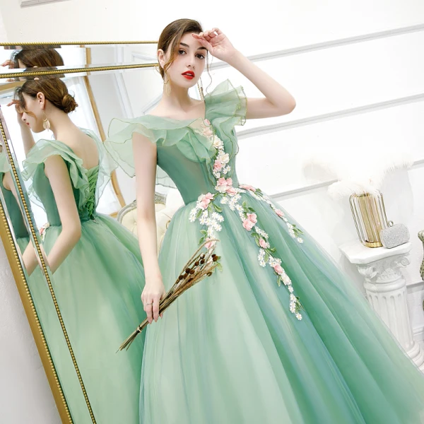 Flower Fairy Mint Green Prom Dresses 2020 Ball Gown V-Neck Sleeveless Appliques Flower Beading Pearl Floor-Length / Long Ruffle Backless Formal Dresses