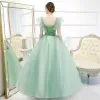 Flower Fairy Mint Green Prom Dresses 2020 Ball Gown V-Neck Sleeveless Appliques Flower Beading Pearl Floor-Length / Long Ruffle Backless Formal Dresses
