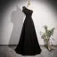 Chic / Beautiful Black Pearl Tassel Satin Prom Dresses 2023 A-Line / Princess One-Shoulder Bow Short Sleeve Backless Floor-Length / Long Formal Dresses