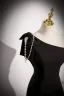 Chic / Beautiful Black Pearl Tassel Satin Prom Dresses 2023 A-Line / Princess One-Shoulder Bow Short Sleeve Backless Floor-Length / Long Formal Dresses