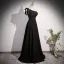 Chic / Beautiful Black Pearl Tassel Satin Prom Dresses 2023 A-Line / Princess One-Shoulder Bow Short Sleeve Backless Floor-Length / Long Formal Dresses
