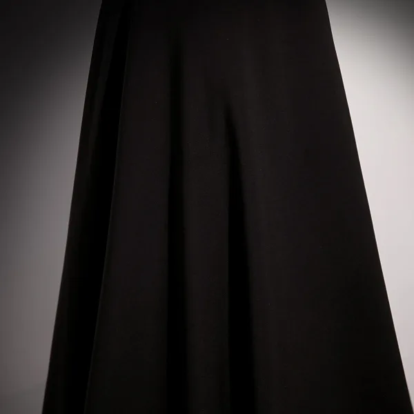 Chic / Beautiful Black Pearl Tassel Satin Prom Dresses 2023 A-Line / Princess One-Shoulder Bow Short Sleeve Backless Floor-Length / Long Formal Dresses