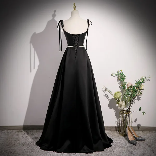 Chic / Beautiful Black Pearl Tassel Satin Prom Dresses 2023 A-Line / Princess One-Shoulder Bow Short Sleeve Backless Floor-Length / Long Formal Dresses