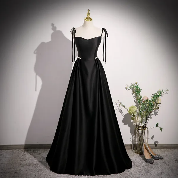 Chic / Beautiful Black Pearl Tassel Satin Prom Dresses 2023 A-Line / Princess One-Shoulder Bow Short Sleeve Backless Floor-Length / Long Formal Dresses