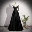 Chic / Beautiful Black Pearl Tassel Satin Prom Dresses 2023 A-Line / Princess One-Shoulder Bow Short Sleeve Backless Floor-Length / Long Formal Dresses
