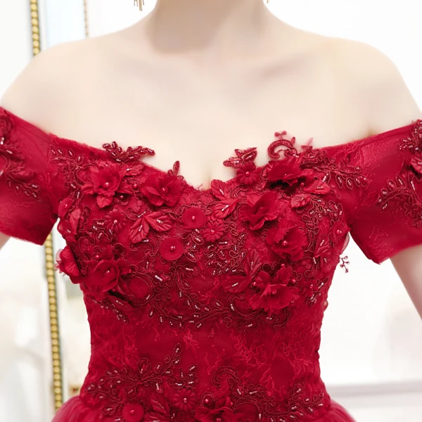 Schöne Rot Abendkleider 2020 A Linie Off Shoulder Kurze Ärmel Applikationen Blumen Perlenstickerei Knöchellänge Rüschen Rückenfreies Festliche Kleider