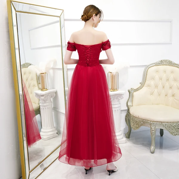 Schöne Rot Abendkleider 2020 A Linie Off Shoulder Kurze Ärmel Applikationen Blumen Perlenstickerei Knöchellänge Rüschen Rückenfreies Festliche Kleider