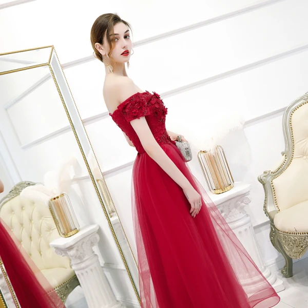 Schöne Rot Abendkleider 2020 A Linie Off Shoulder Kurze Ärmel Applikationen Blumen Perlenstickerei Knöchellänge Rüschen Rückenfreies Festliche Kleider