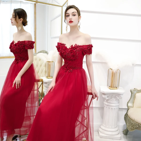 Schöne Rot Abendkleider 2020 A Linie Off Shoulder Kurze Ärmel Applikationen Blumen Perlenstickerei Knöchellänge Rüschen Rückenfreies Festliche Kleider