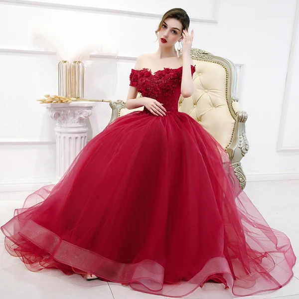 Chic / Beautiful Burgundy Prom Dresses 2020 Ball Gown Off-The-Shoulder Short Sleeve Appliques Lace Beading Floor-Length / Long Ruffle Backless Formal Dresses
