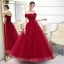 Chic / Beautiful Burgundy Prom Dresses 2020 Ball Gown Off-The-Shoulder Short Sleeve Appliques Lace Beading Floor-Length / Long Ruffle Backless Formal Dresses