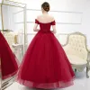 Chic / Beautiful Burgundy Prom Dresses 2020 Ball Gown Off-The-Shoulder Short Sleeve Appliques Lace Beading Floor-Length / Long Ruffle Backless Formal Dresses