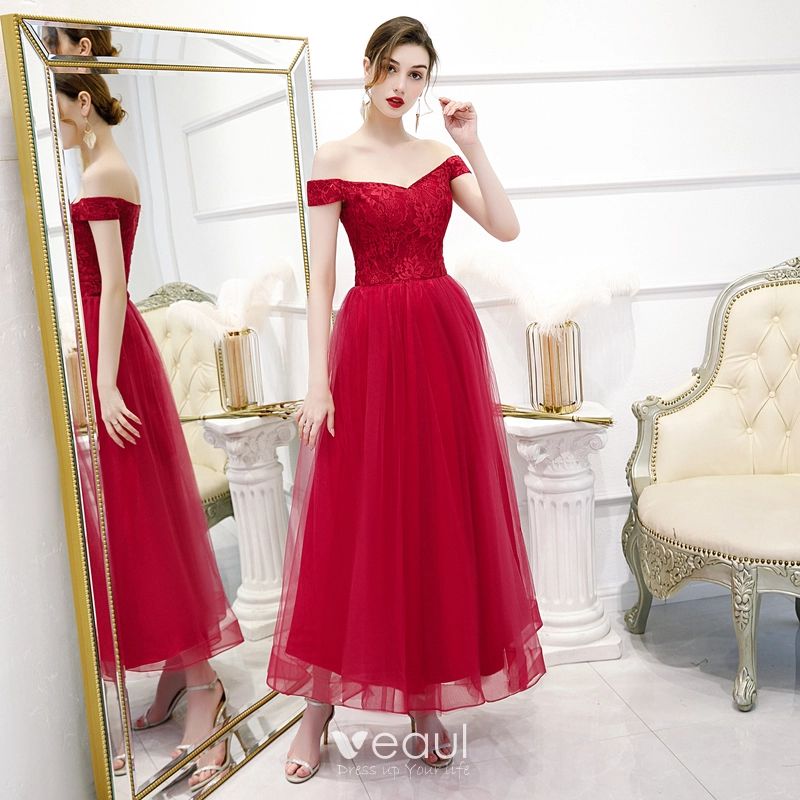 Off The Shoulder Burgundy Evening Dresses 2022 New Women's Tulle Glitter  Long Party Gowns Elegant Female Lace Up Banquet Vestido