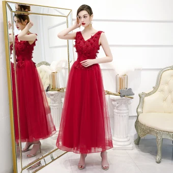 Chic Beautiful Burgundy Evening Dresses 2020 A Line Princess V Neck Sleeveless Appliques Lace Flower Ankle Length Ruffle Backless Formal Dresses